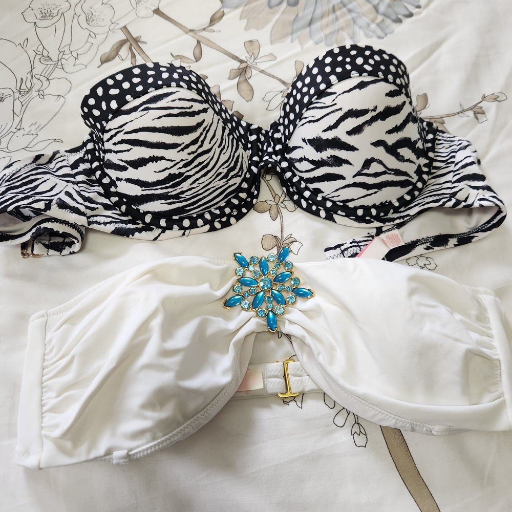 Victoria's Secret Black and White Zebra Print Bra and White Bra with Blue Gem
